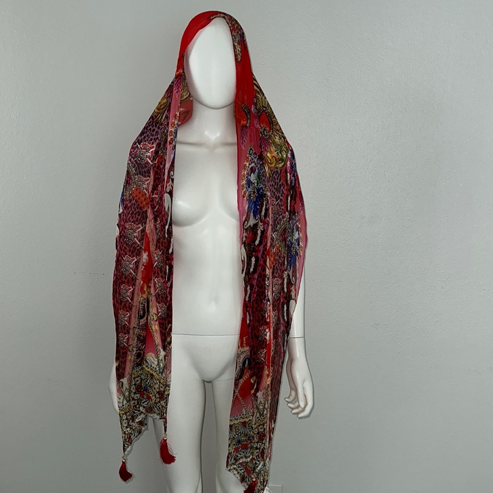 CAMILLA *Artesania Mania* bold red silk scarf belt top shawl headband wrap top - Picture 4 of 8
